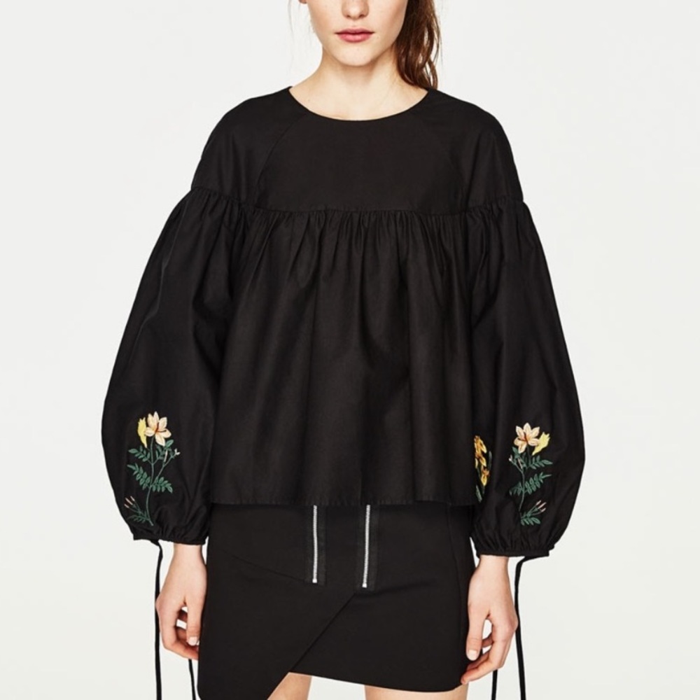 Zara Balloon Sleeve Floral Embroidered Top
